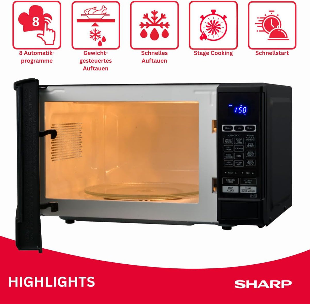 Sharp R-270BK Solo-Mikrowelle, 20 L, 800 W, 10 Leistungsstufen, 8 AutoCook-Programme, Timer bis 99 M