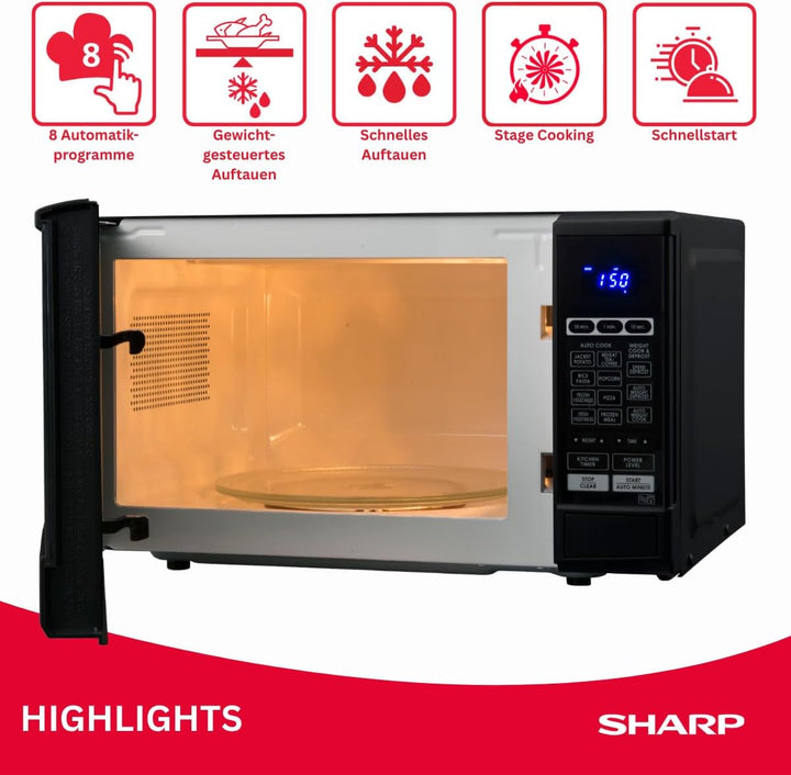 Sharp R-270BK Solo-Mikrowelle, 20 L, 800 W, 10 Leistungsstufen, 8 AutoCook-Programme, Timer bis 99 M