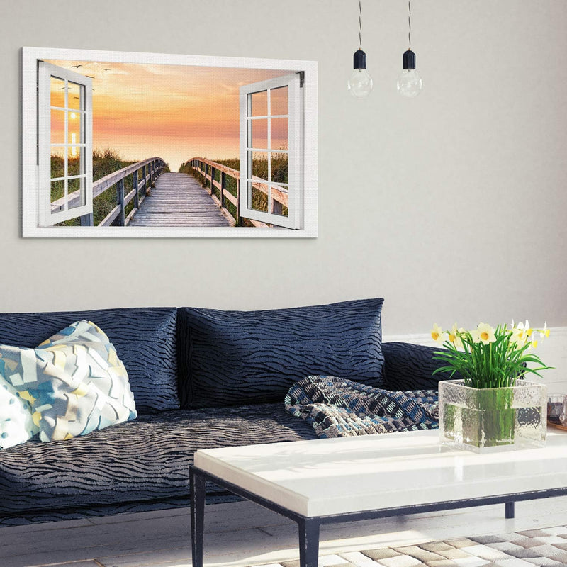 PICANOVA – Bild auf Leinwand Holzweg zum Meer Fenster 100x50cm – Leinwandbild – Premium Leinwanddruc