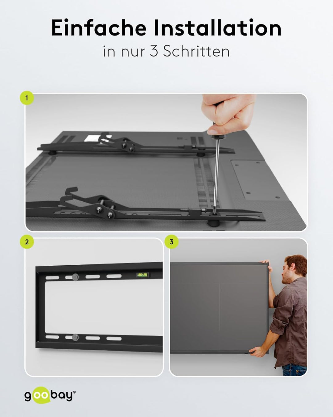 goobay TV-Wandhalterung 43–100 Zoll, neigbar bis 10°, ultraflach 45 mm, VESA 800x400, bis 75 kg – Ba