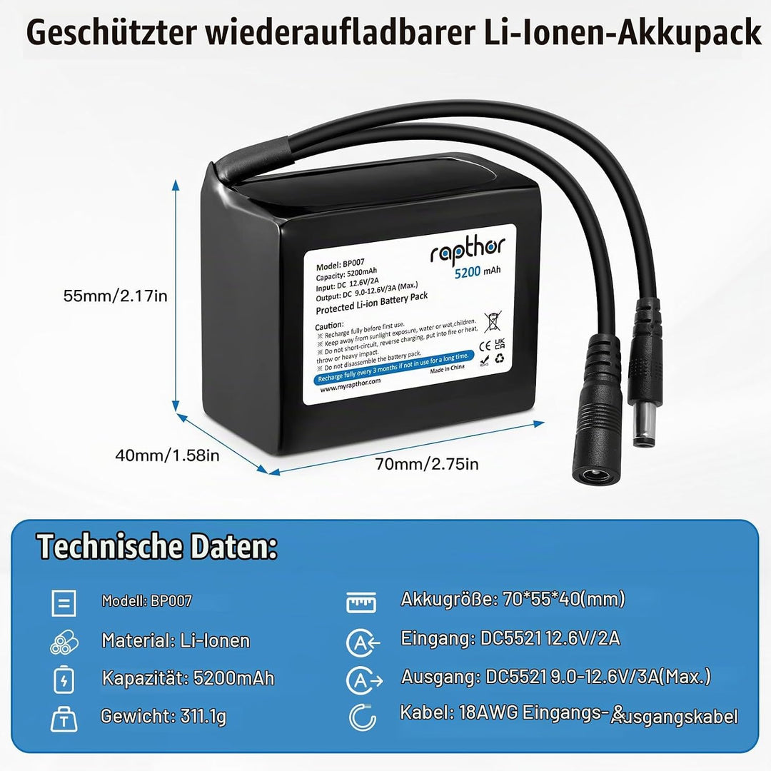 Rapthor Wiederaufladbarer 12V 5200mAh Lithium-Ionen-Akku mit 12,6V 2A Schnellladegerät und DC5521-An