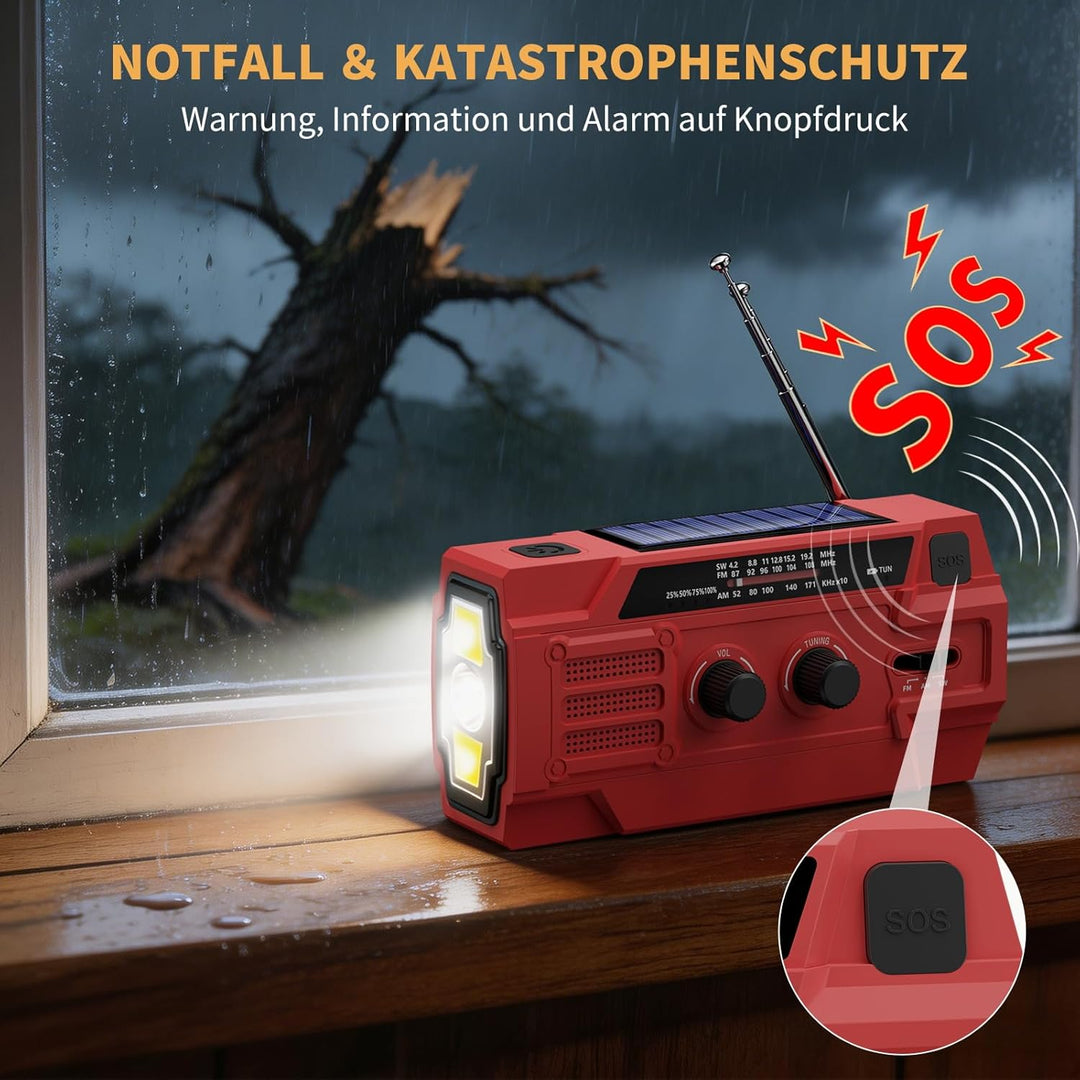 Kurbelradio 4000mAh Notfallradio mit Solar, Bewegungsempfindlicher Radio mit kurbel AM/FM/SW,LED-Tas