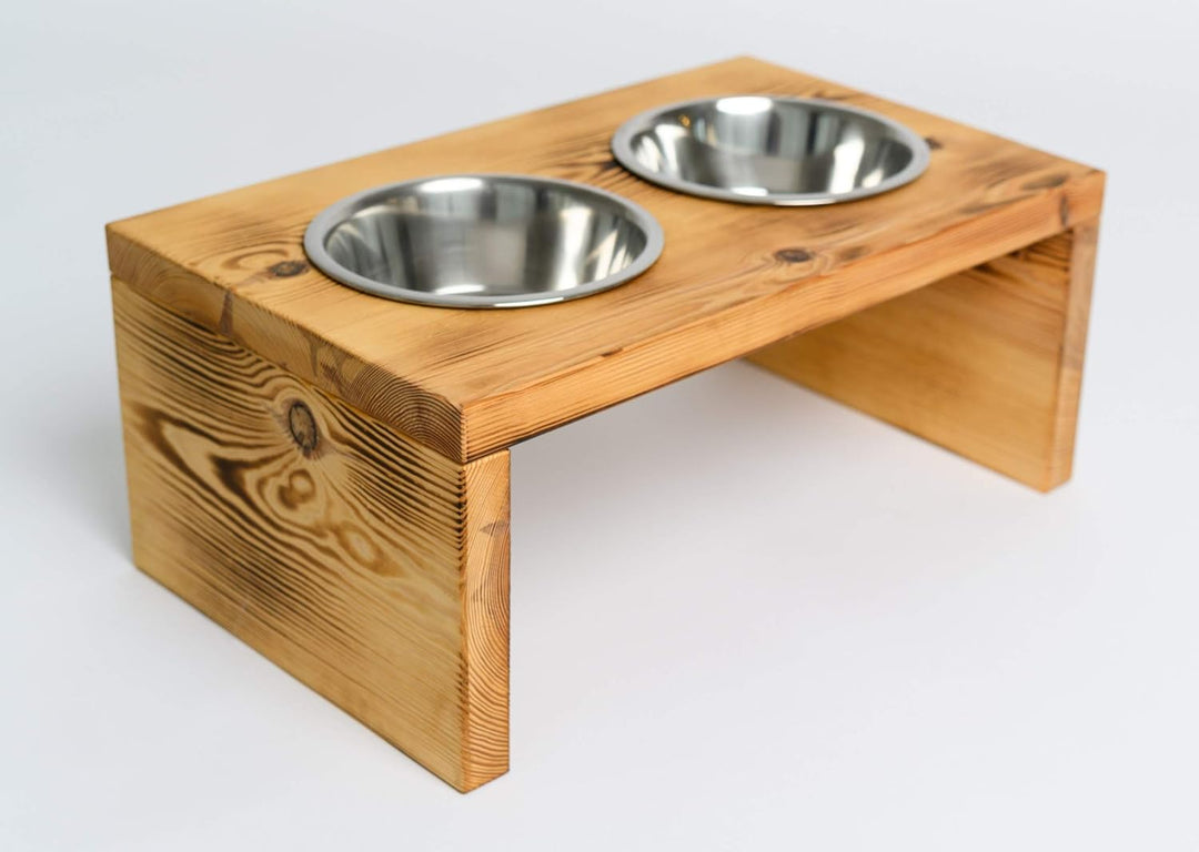 Woodworms Hunde-napf-Set mit Edelstahlnäpfen, Handgemachte Echtholz Hundebar, Futterbar für kleine,