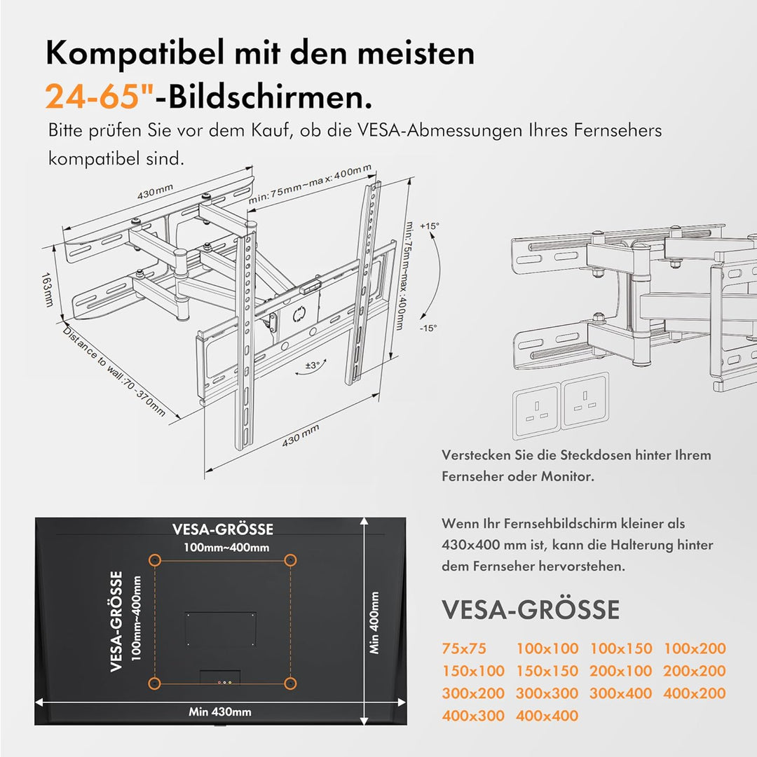 VonHaus Kipp- und Schwenkbare TV Wandhalterung für 24-65"-Bildschirme mit Wasserwaage, Max. VESA 400