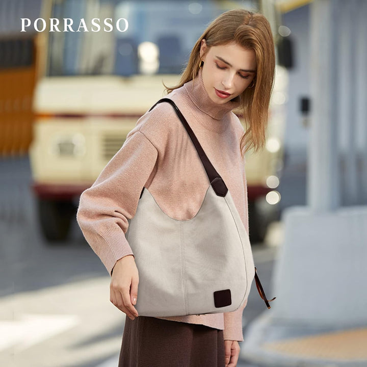 PORRASSO Damen Handtasche Canvas Hobo Schultertasche Mädchen Tote Bag Shopper Henkeltasche für Schul