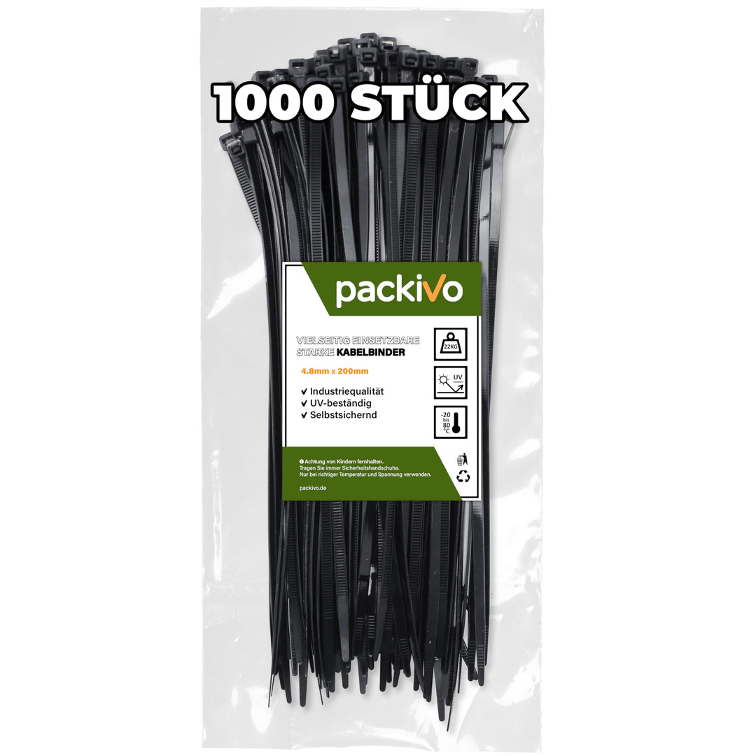 Kabelbinder Schwarz 200mm x 4.8mm, 1000 Stück Kabelbinder UV Beständig lang, Schwarze Binder mit 22K