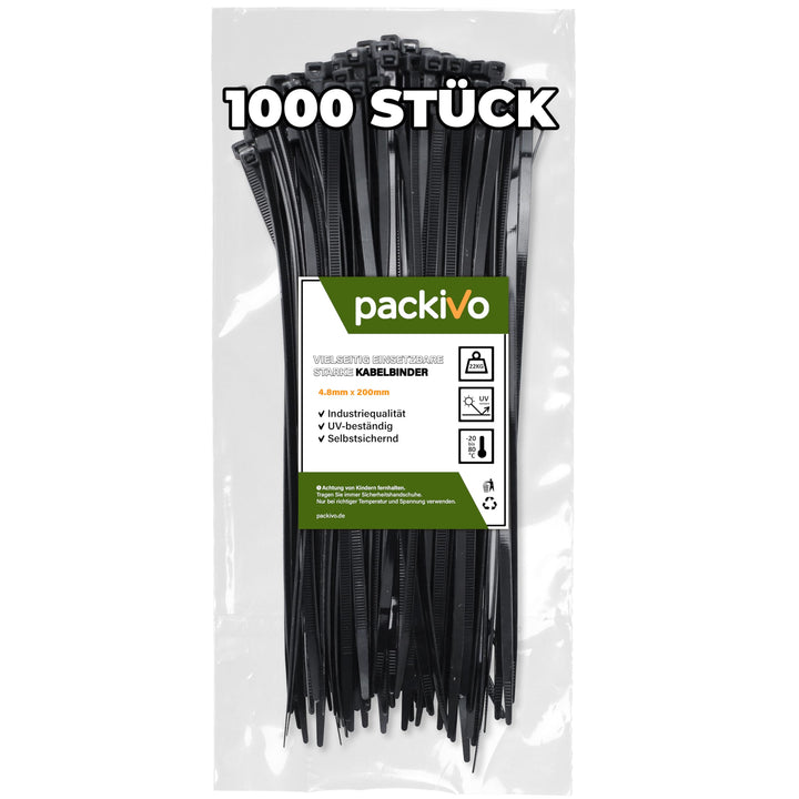 Kabelbinder Schwarz 200mm x 4.8mm, 1000 Stück Kabelbinder UV Beständig lang, Schwarze Binder mit 22K