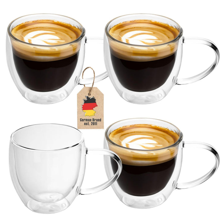 INTIRILIFE 4X Doppelwandige Thermo Gläser Set -200-250ml- Mundgeblasen isoliert für Espresso Cappucc