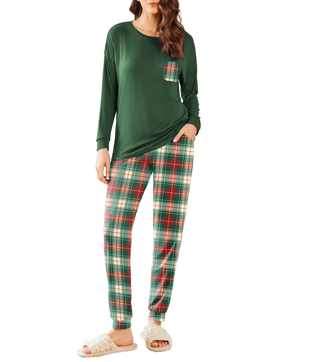 Ekouaer Schlafanzug Damen Lang Zweiteiler Pyjama Langarm Warm Pyjama Set Weich Nachtwäsche Kariert,