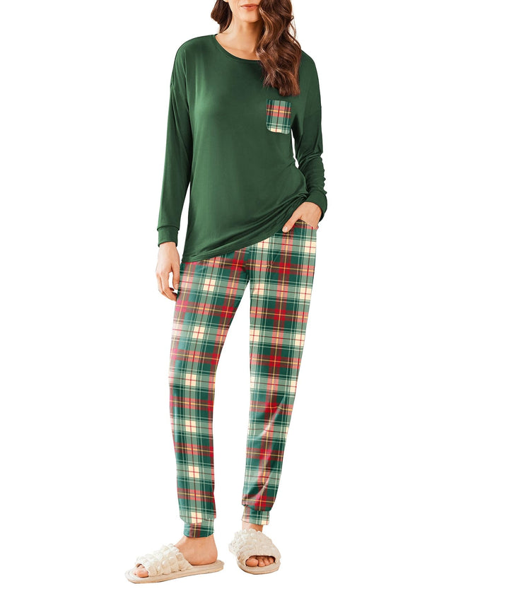 Ekouaer Schlafanzug Damen Lang Zweiteiler Pyjama Langarm Warm Pyjama Set Weich Nachtwäsche Kariert,