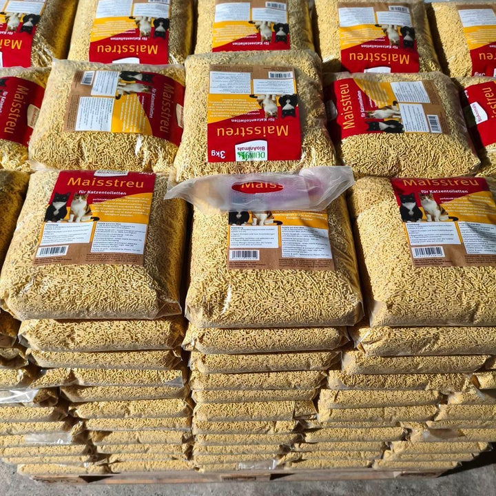 Maisstreu 15 kg (5 Säche je 3 kg), 40 L Mais-Katzenstreu – 100% natürlich &amp; biologisch abbaubar – kl