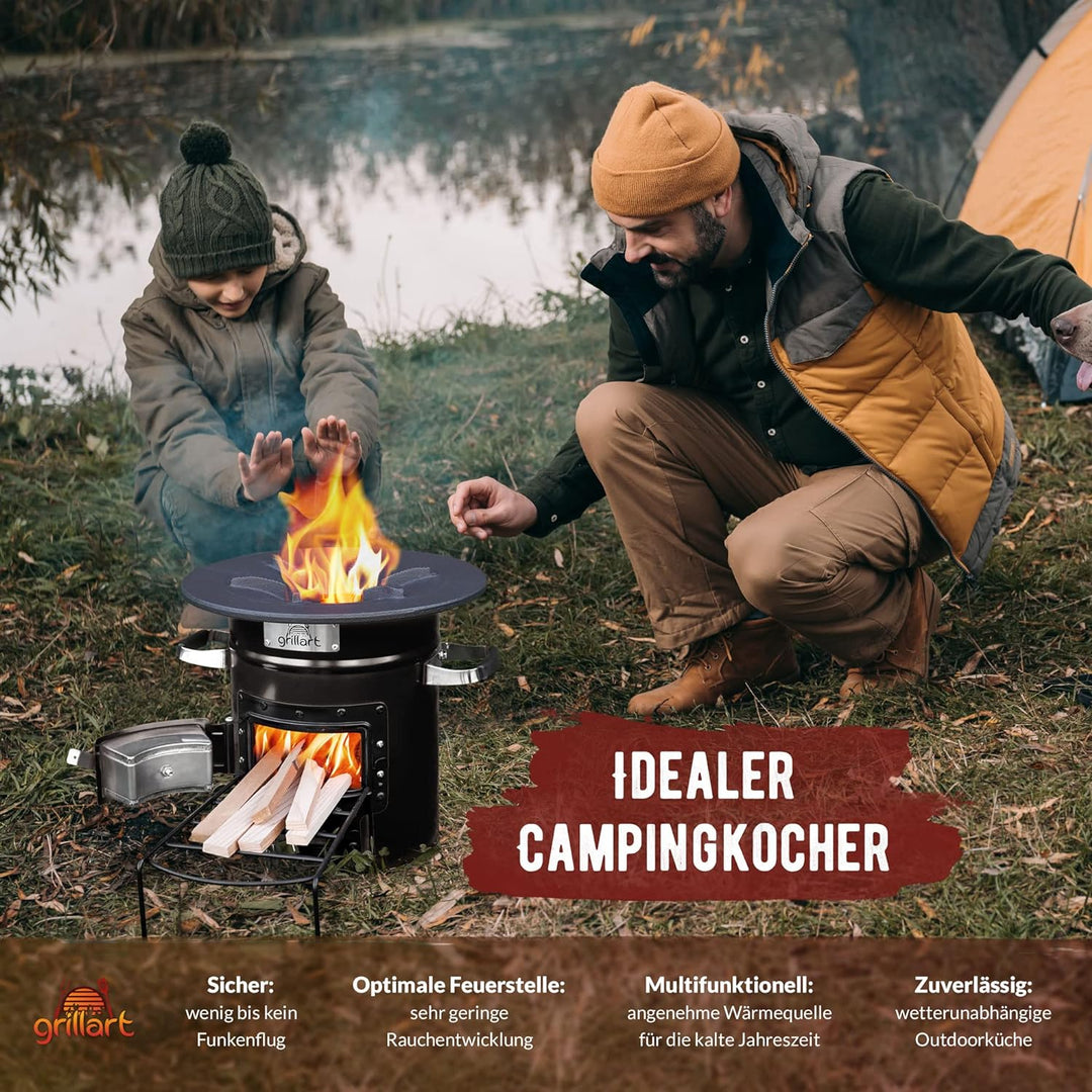 grillart® Raketenofen Outdoor “Powertrain” schwarz – effizienter Holzofen als Campingkocher für Dutc