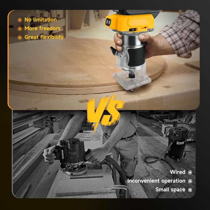 Akku Oberfräse kompatibel für Dewalt 20V Batterie, 800W Bürstenloser Trimmer Router mit 5 Gängen, 30