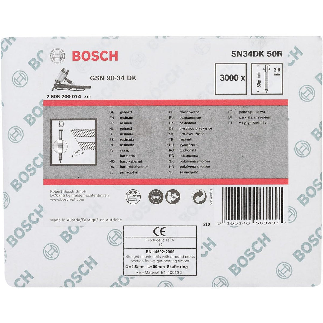 Bosch Professional 2608200014 Nagel D-Kopf Nagel 34°, blank, geringt; SN34DK 50R 50Rx2,8xmm,x50xmm,