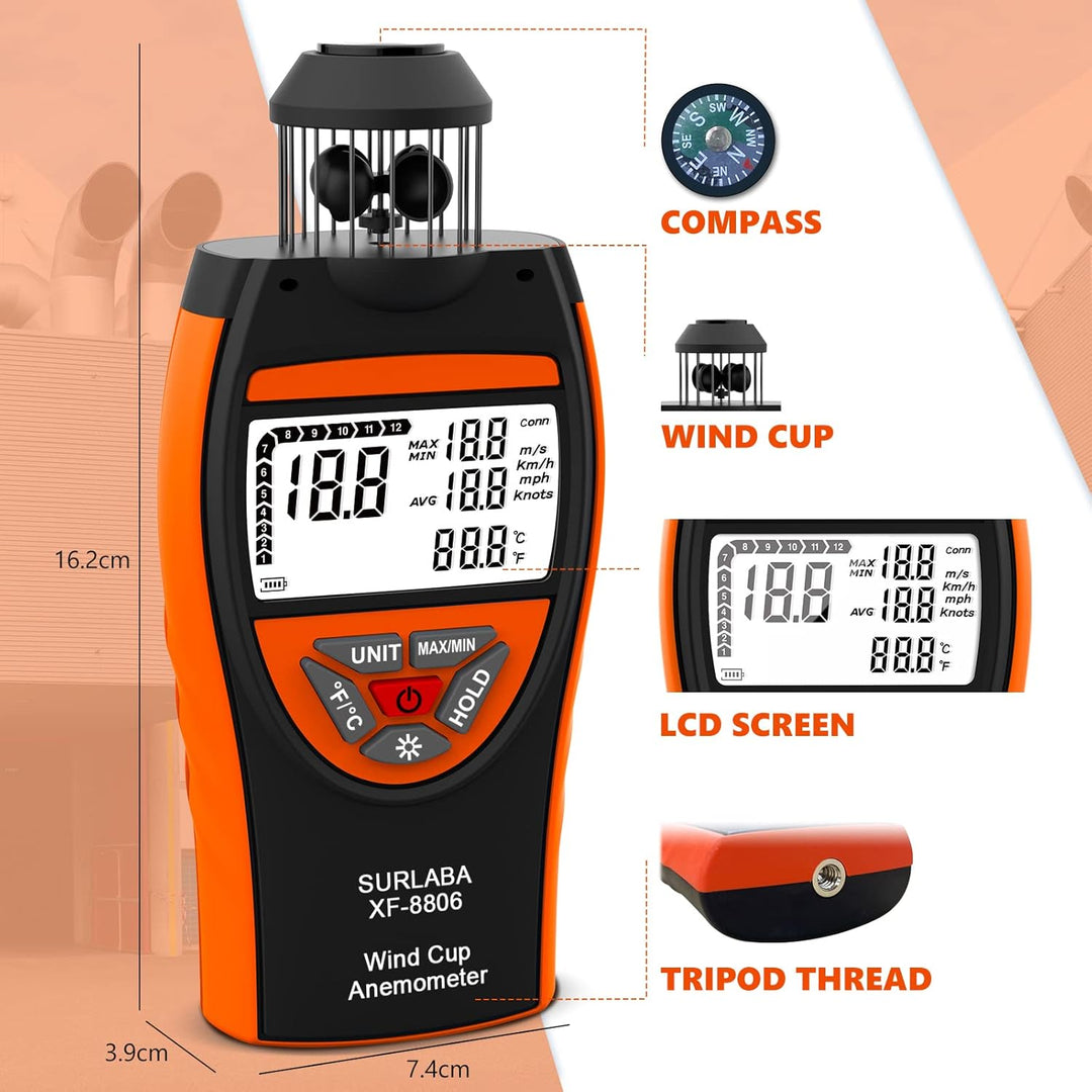 SURLABA Digital Cup Windmesser, Anemometer XF-8806 ±4% Hoher Genauigkeit Wind Gauge Misst MAX/MIN/AV