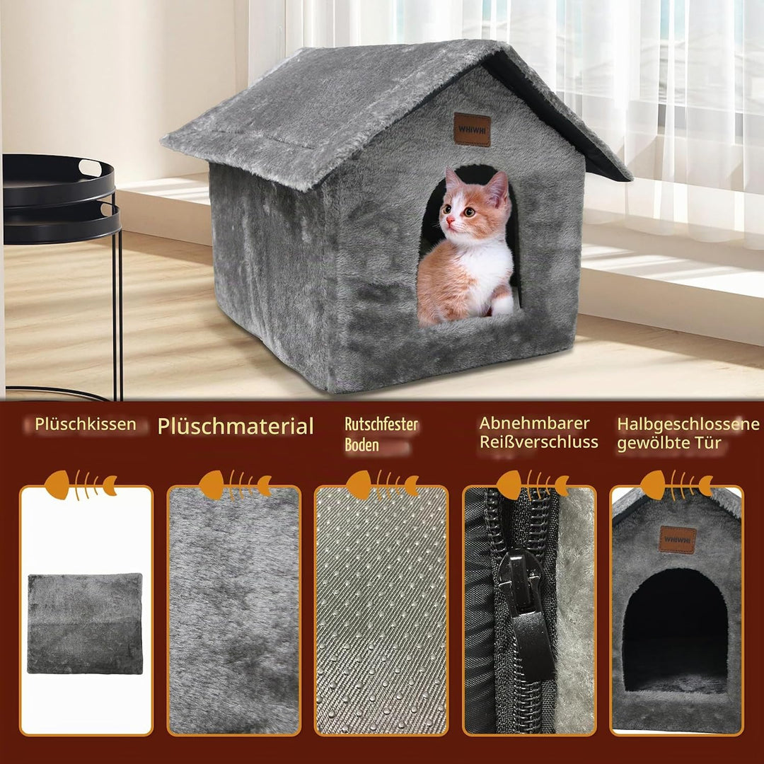 Whiwhi Plüsch Katzenhaus Katzenhöhlenbett mit Flauschiges Katzenkissen Tragbare Katzenhütte mit Ruts