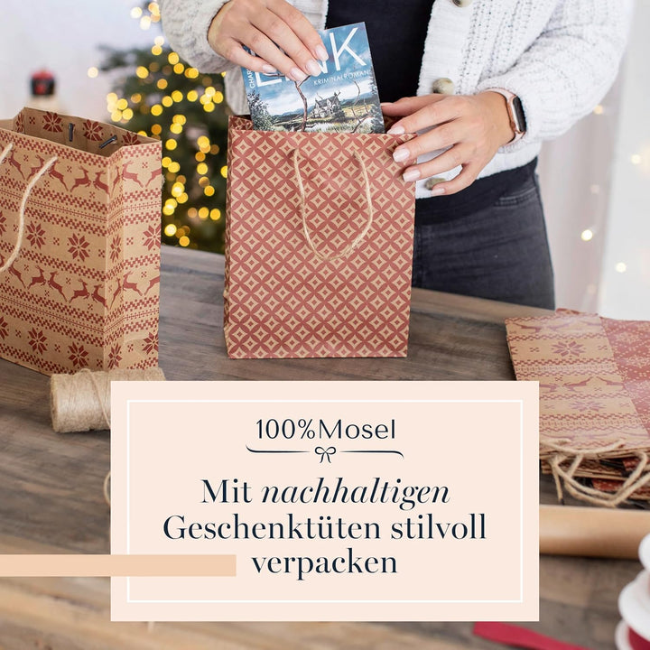 100% Mosel Geschenktüten Weihnachten, in Natur/Rot, 12 Stück (18 x 23 x 8 cm), Weihnachtstaschen aus