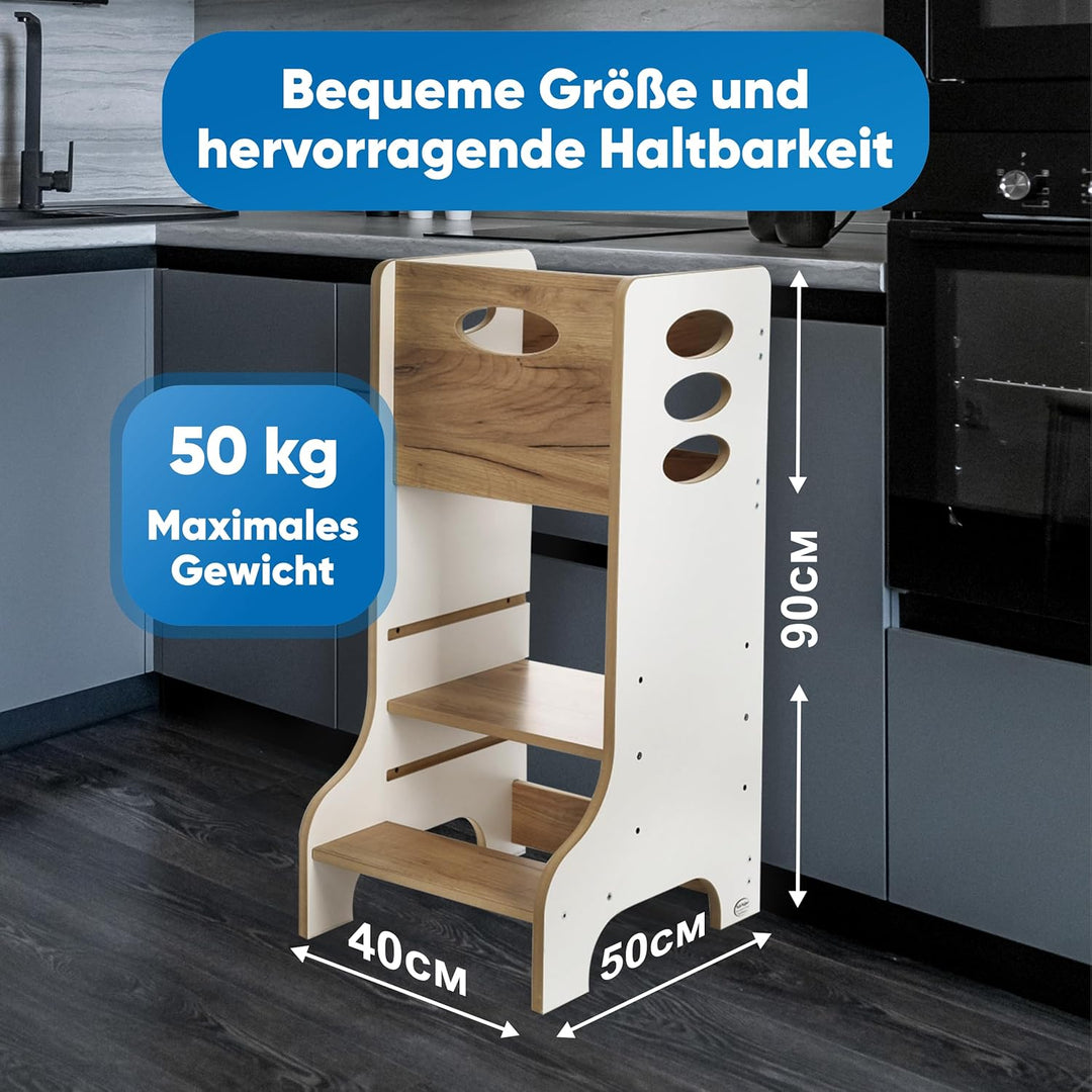 Kitchen Kids Helper Lernturm ab 1 Jahr - Höhenverstellbarer Lernturm Montessori Weiss und Eich 90cm