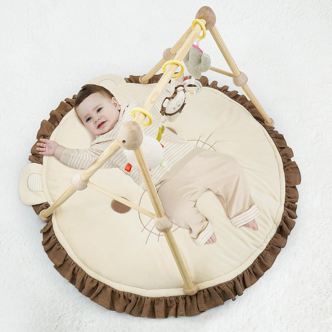 COTTONBEBE 4 IN 1 Spielbogen Baby, Spielmatte Babies mit Natur Holz Activity Spielbogen, 3 abnehmbar