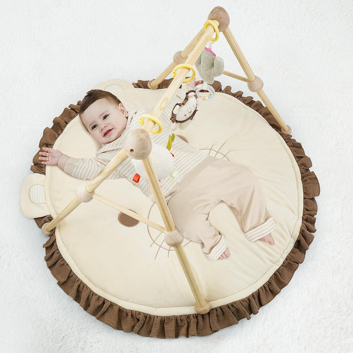 COTTONBEBE 4 IN 1 Spielbogen Baby, Spielmatte Babies mit Natur Holz Activity Spielbogen, 3 abnehmbar