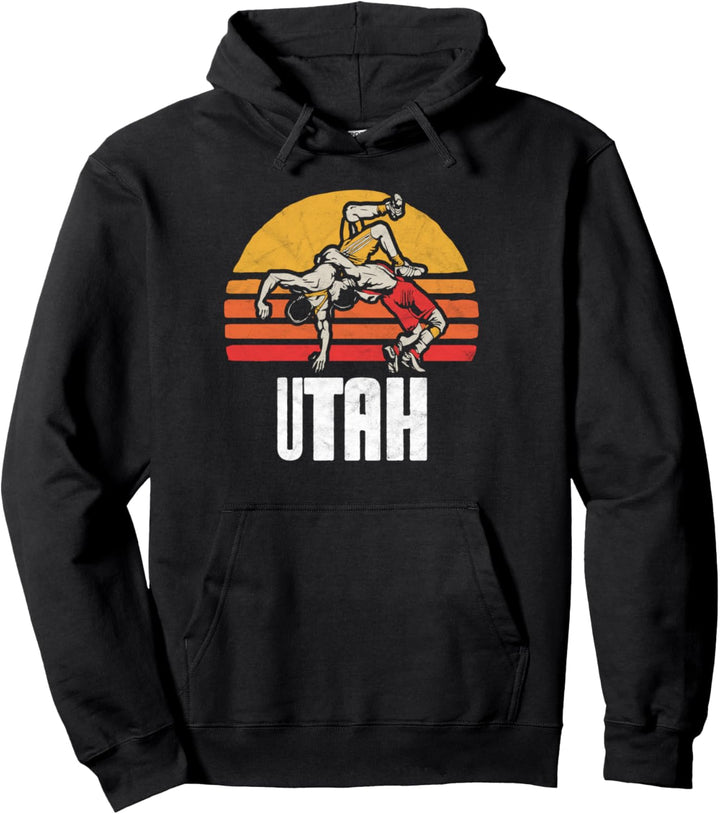 Utah Vintage Wrestling Retro Wrestlers and Sun Graphic Pullover Hoodie