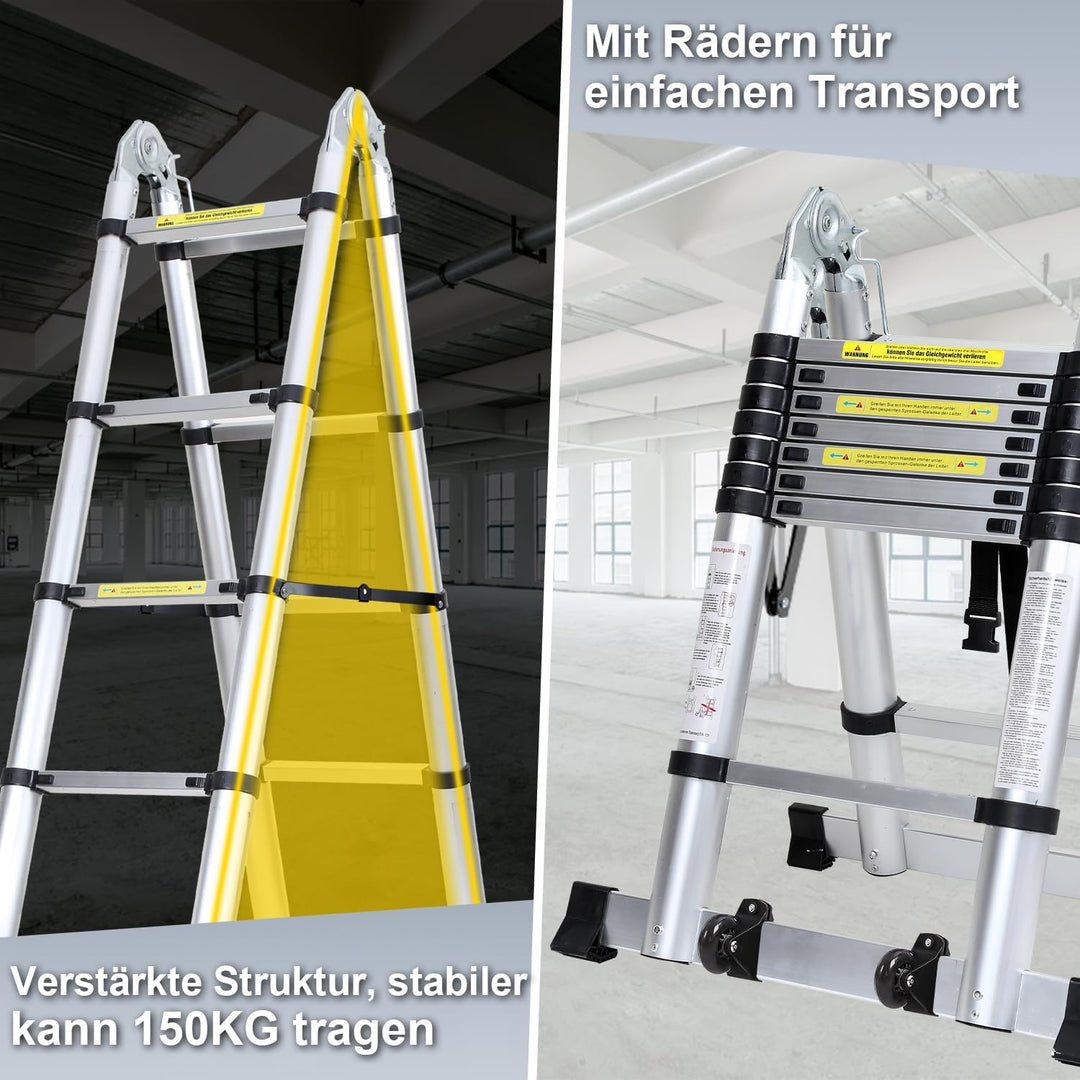 Sonnewelt 5M (2,5+2,5) Teleskopleiter, Rutschfester Aluminium Stehleiter, 150 kg/330 Pfund Belastbar