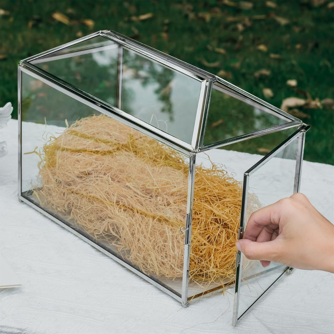 NCYP 32x15x23cm Silberfarbene Hochzeitskarten-Box aus Glas mit Schlitz und Schloss, Handgefertigt De