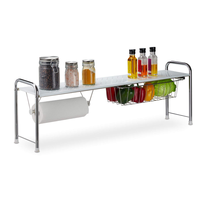 Relaxdays Spülbeckenregal mit Küchenrollenhalter, Küchenregal mit Korb, Metall, H x B x T: 32 x 94 x