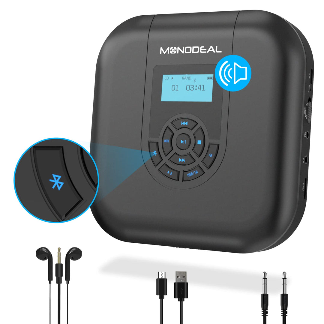 CD Player Tragbar, MONODEAL Tragbarer Bluetooth, Wiederaufladbar mit Lautsprecher und FM Transmitter