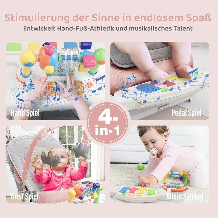 Babywippe mit Abnehmbarer Spielbogen, Baby Bouncer mit Klavierspielzeuge, Fütterungstablett, Verdick