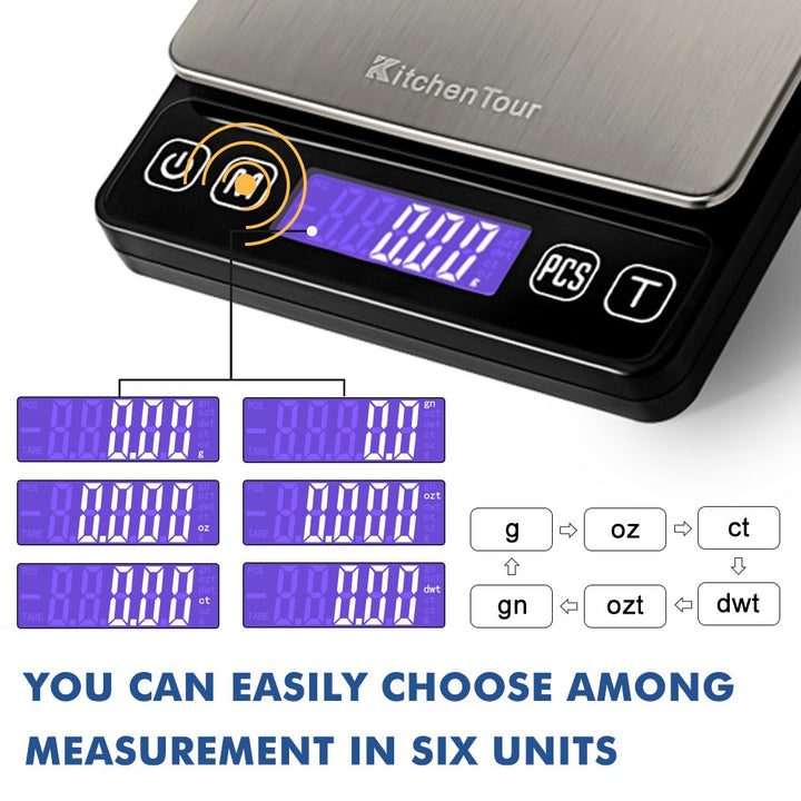 KitchenTour Digitale Küchenwaage – 3000g/0,1g Präzisionswaage mit 9 Einheiten (g/oz/ml/lb/lb:oz/gn/