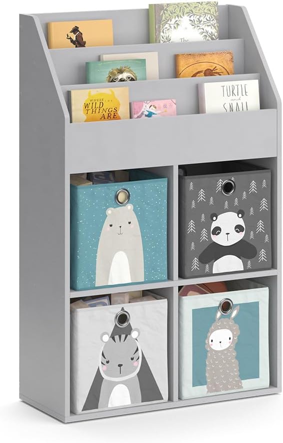 Vicco Kinderregal Grau Luigi mit 4 Faltboxen - 72x114x31 cm aus Spanplatte - Bücherregal ideal fürs