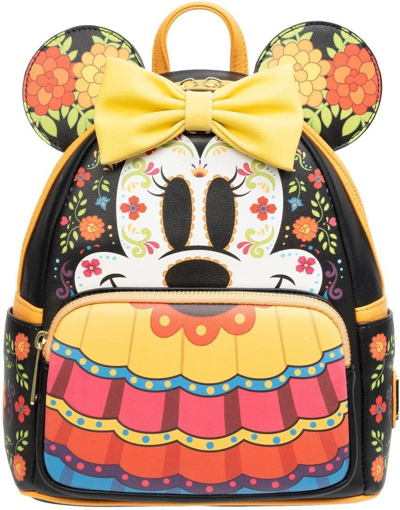 Loungefly Minnie Mouse Dia de los Muertos Sugar Skull Mini-Rucksack, Gelb, Schwarz, Weiss