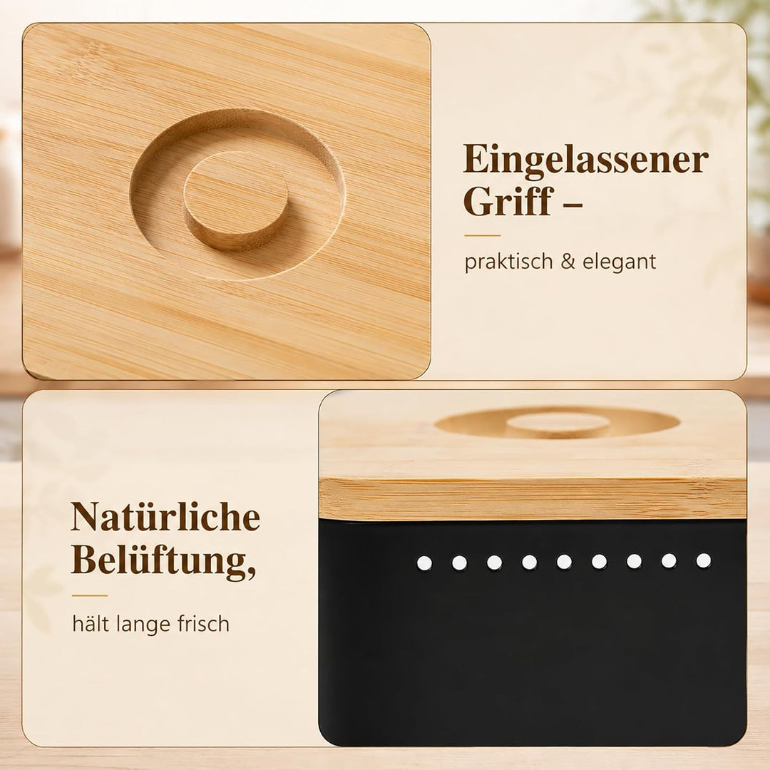 Brotkasten Schwarz, Brotbox aus Verzinktem Eisen mit 2-in-1-Bambusdeckel | Brotaufbewahrungsbox mit