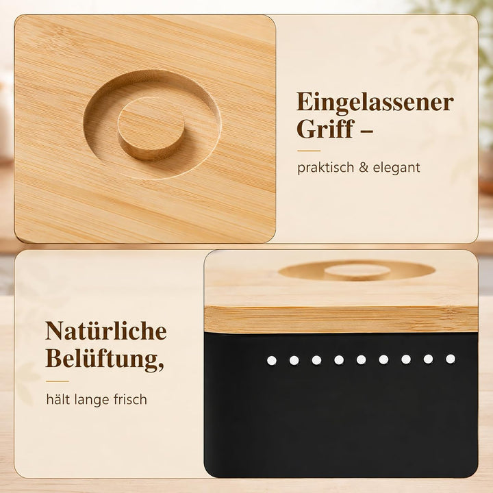Brotkasten Schwarz, Brotbox aus Verzinktem Eisen mit 2-in-1-Bambusdeckel | Brotaufbewahrungsbox mit