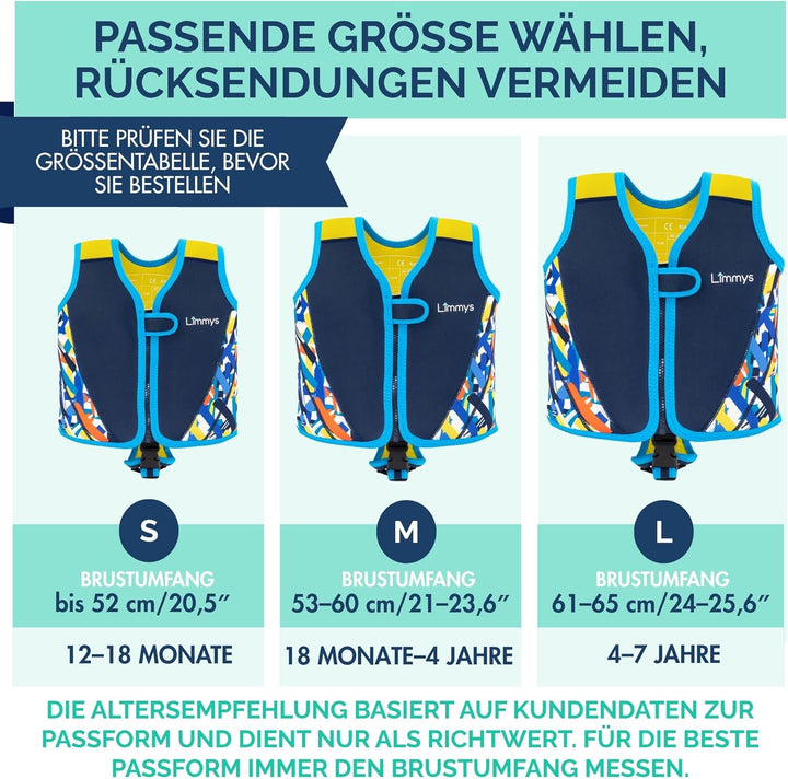 Limmys Premium Neopren Schwimmweste - Ideale Schwimmhilfe für Jungen - Extra Kordelzugtasche