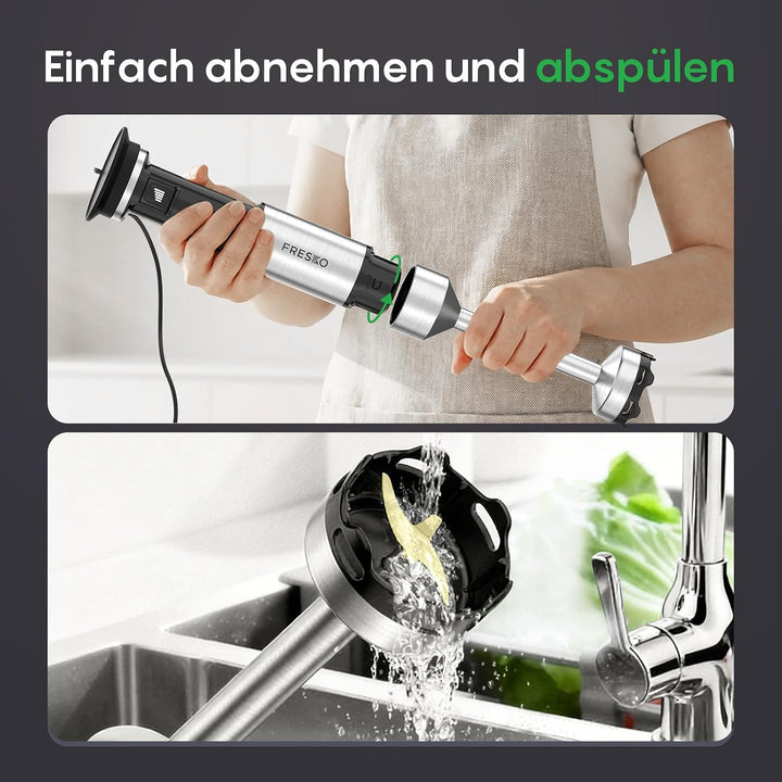FRESKO Stabmixer 1000W, Stufenlos Regulierbare Geschwindigkeiten, Pürierstab aus Edelstahl mit Schut