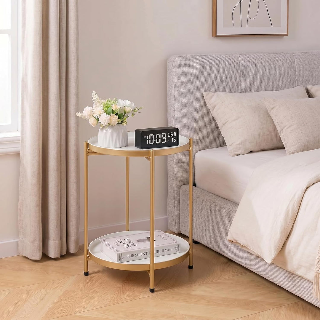 HollyHOME Runder Beistelltisch, 2 Ebenen Beistelltisch Metalltablett, Snacktisch, Couchtisch, Teetis