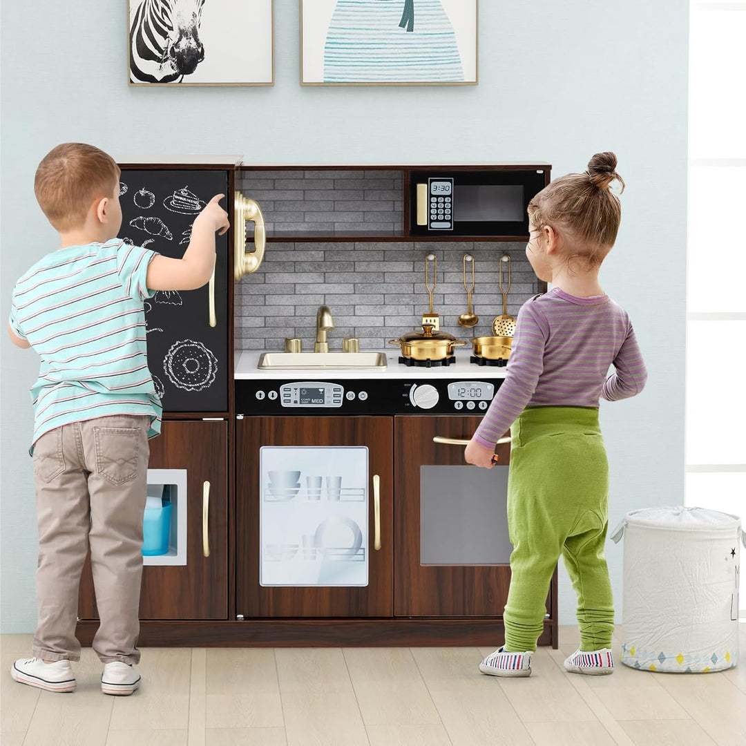 HOMASIS Spielküche mit 10 Zubehör, Kinderküche Holz, Spielzeugküche mit Tafel Spüle Herd Ofen Mikrow