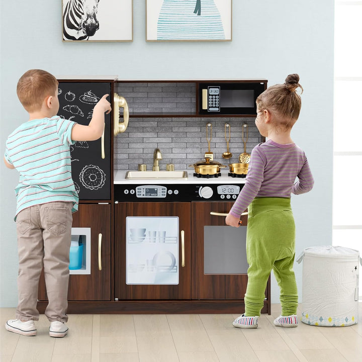 HOMASIS Spielküche mit 10 Zubehör, Kinderküche Holz, Spielzeugküche mit Tafel Spüle Herd Ofen Mikrow