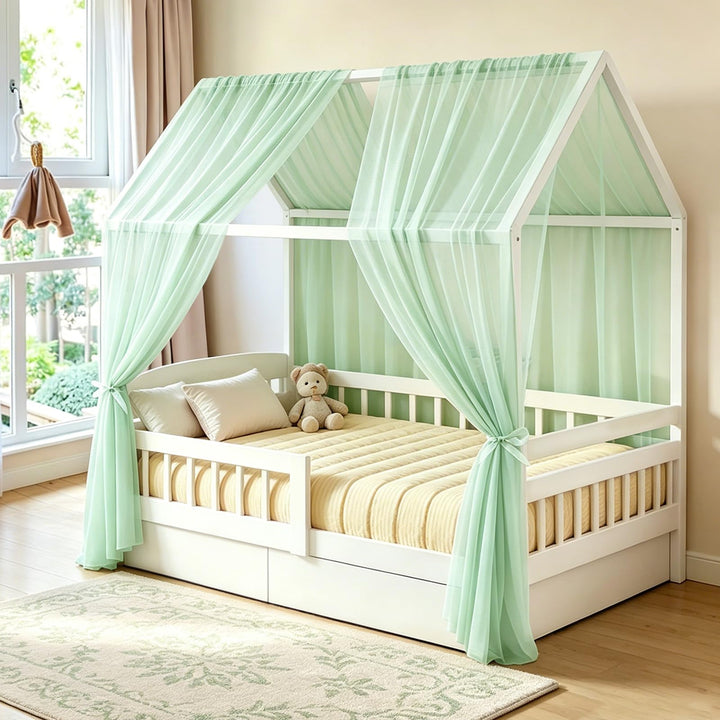 Hausbett Himmel 2er Set aus Voile, Betthimmel und Bettvorhang für Kinderbett, Kinderzimmer Deko für