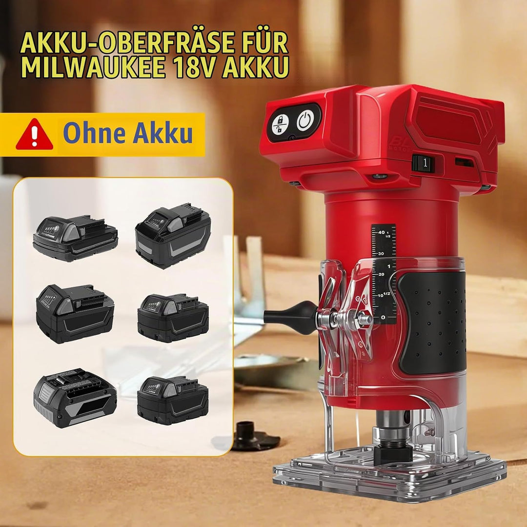 Akku Oberfräse kompatibel mit Milwaukee 18V-Akku (ohne Akku), 800 W bürstenloser Holztrimmer mit 100