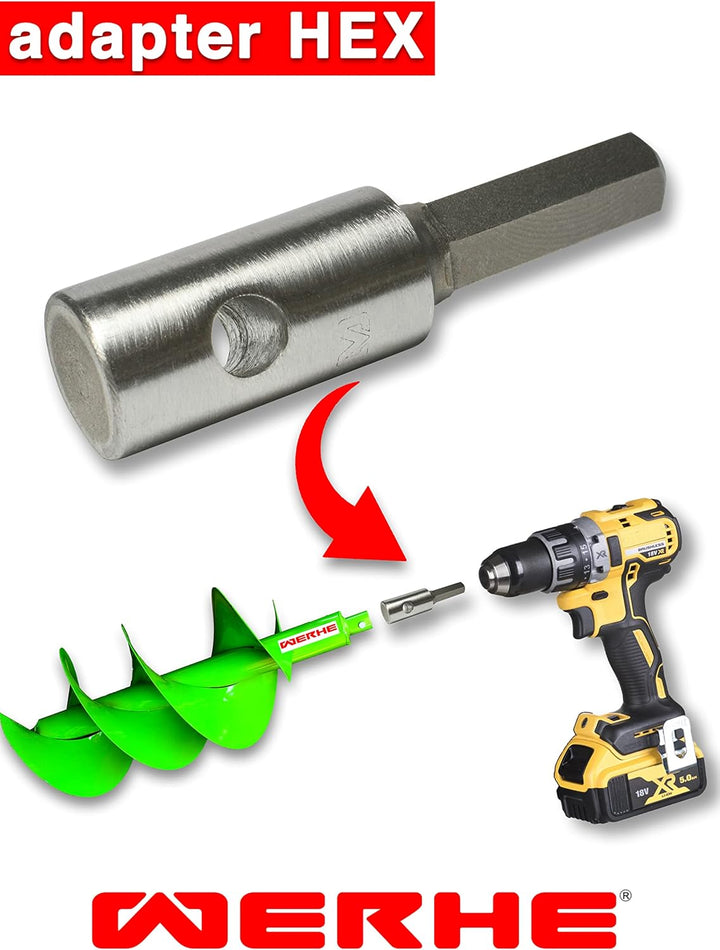 WERHE® Profi Bohrer VollStahl, Erdbohrer für bohrmaschine 40 mm extrem robust mit Hex Adapter - Pfah