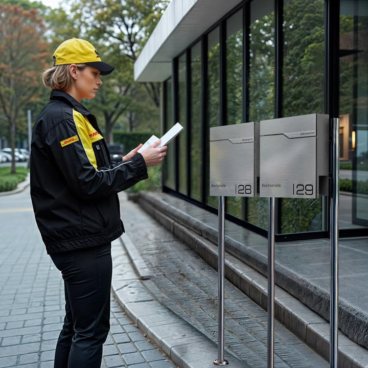 Metzler Standbriefkasten für 2 Familienhaus mit hochwertigem Stahlkorpus &amp; gebürsteter Edelstahlfron