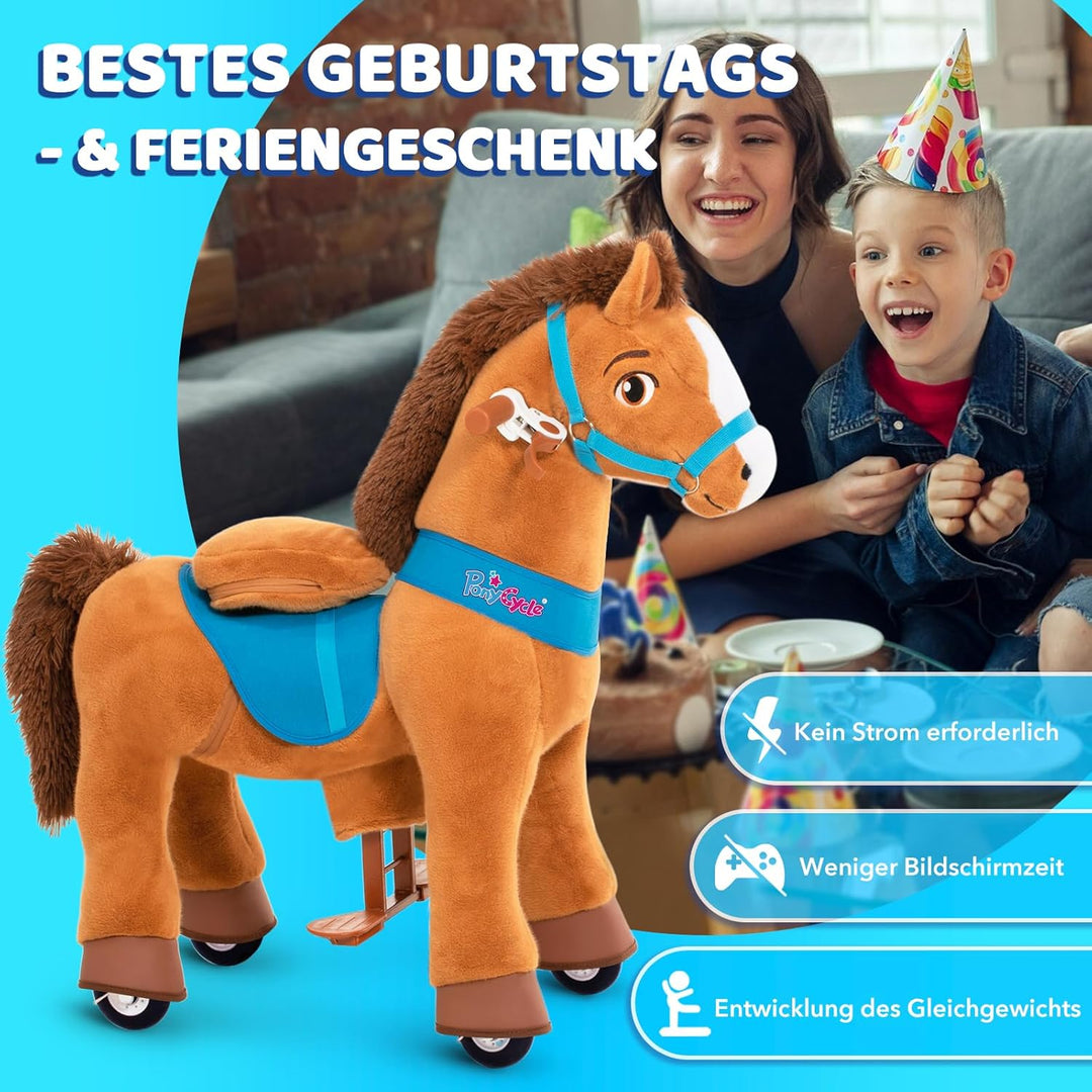 PonyCycle Pferd zum reiten, für Kinder 3–4 Jahre, 76cm Hoch, Reitpferd auf Rollen mit Handbremse, Sc
