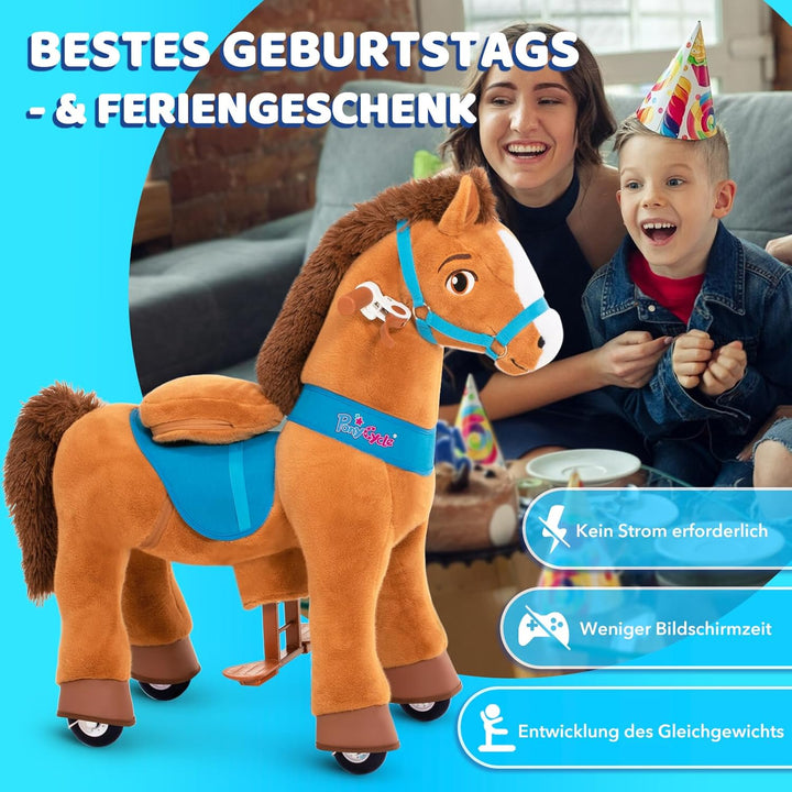 PonyCycle Pferd zum reiten, für Kinder 3–4 Jahre, 76cm Hoch, Reitpferd auf Rollen mit Handbremse, Sc