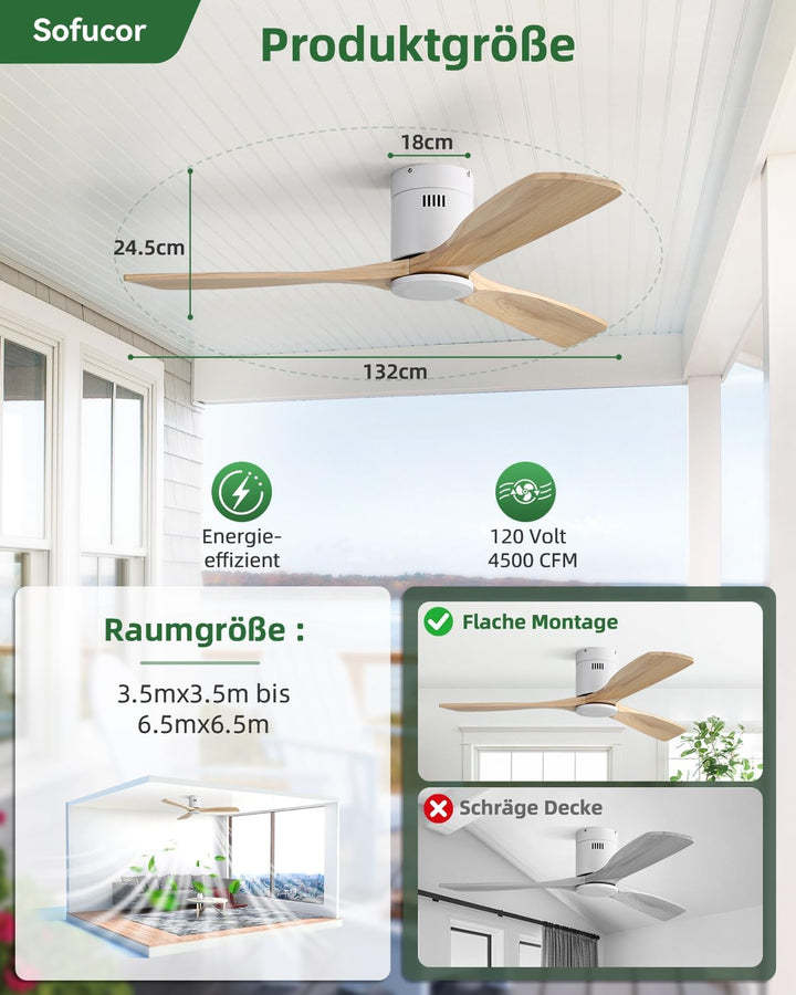 Sofucor Deckenventilator mit Fernbedienung, Deckenventilator aus Massivholz mit 3 Holzlüfterblätter,