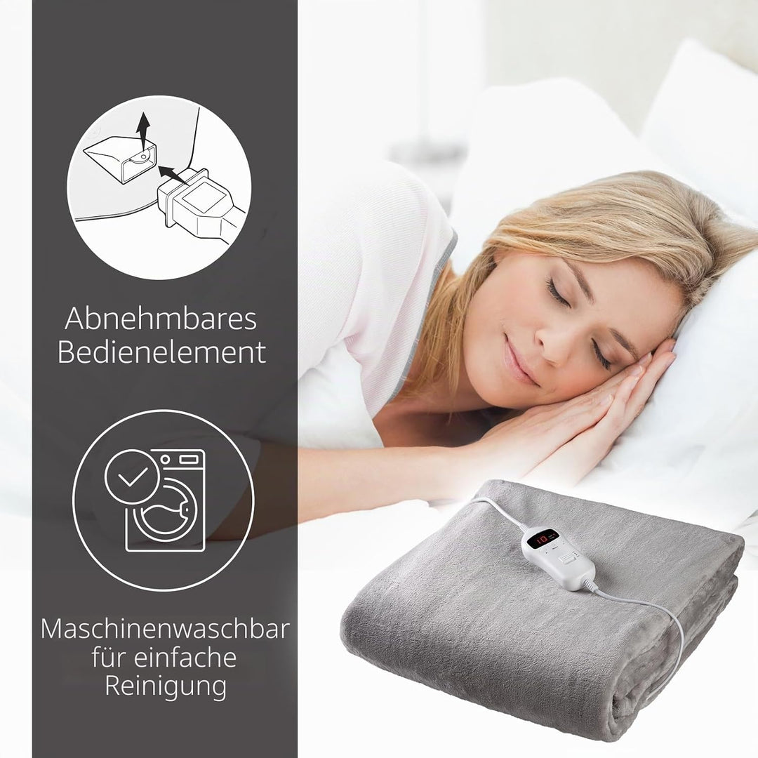 SENSIOHOME Elektrische Luxus-Heizdecke Grau, Flanell-Fleece mit Teddy-Effekt-Innenseite, maschinenwa