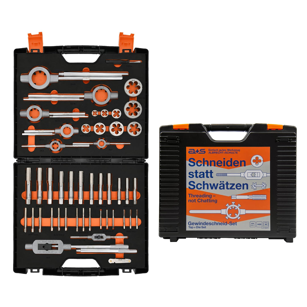 a+s BSW Gewindeschneider Set | HSS-G, 1/4"-1'', 46-teilig | Zoll Gewindebohrer & Schneideisen | Komp