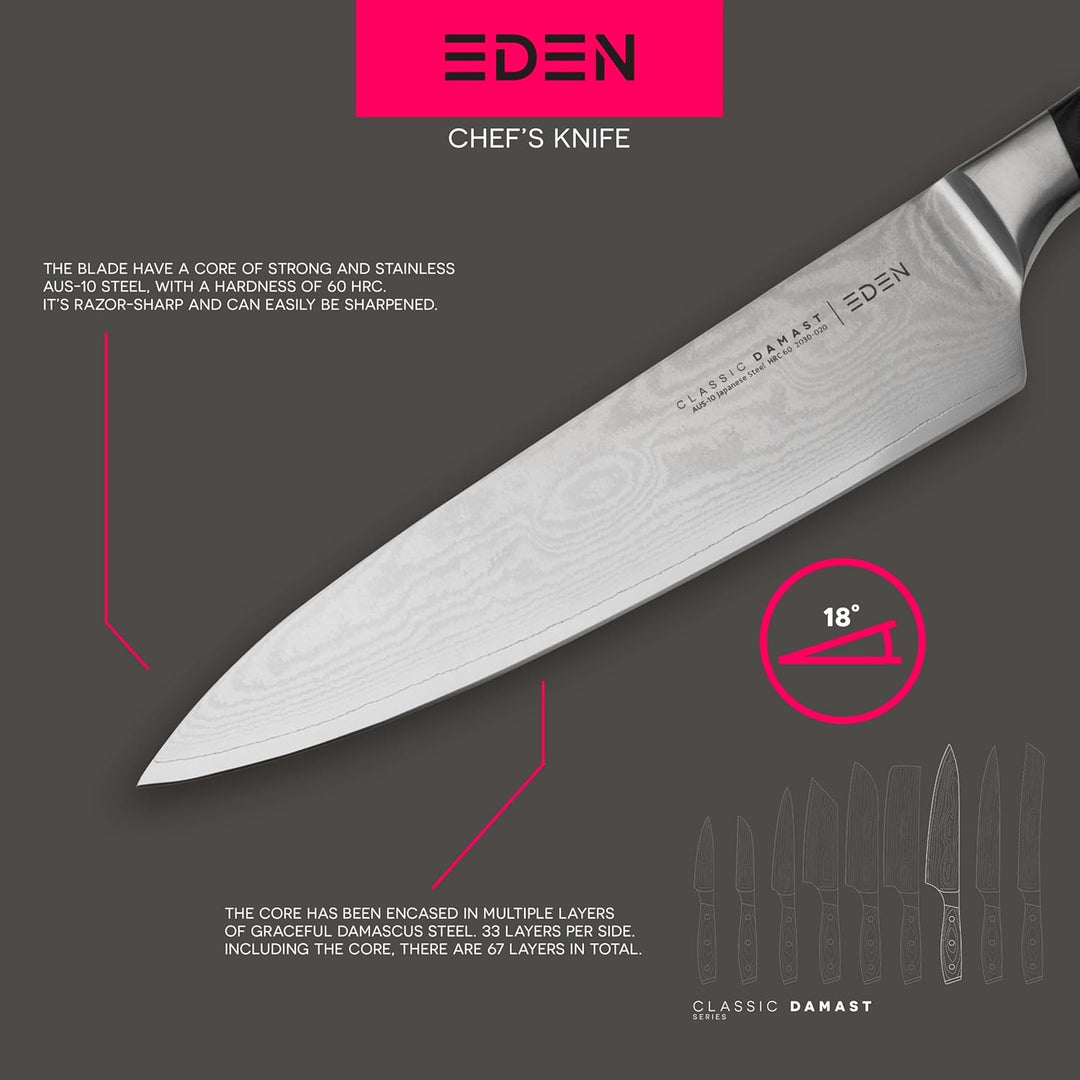 Eden Classic Damast Kochmesser 20 cm Küchenmesser EQ2030-020 Kochmesser für Gemüse, Früchte und Flei